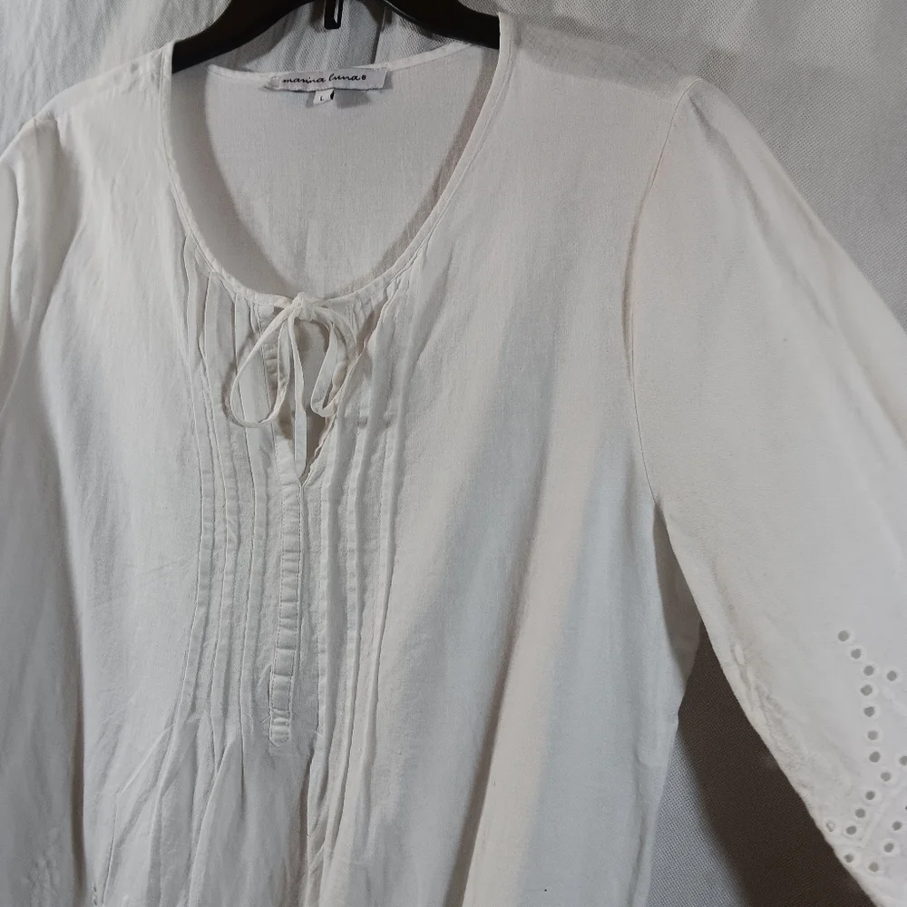Marina Luna Womens Large Top White Linen Blend Tunic Eyelet Trim Beach Blouse